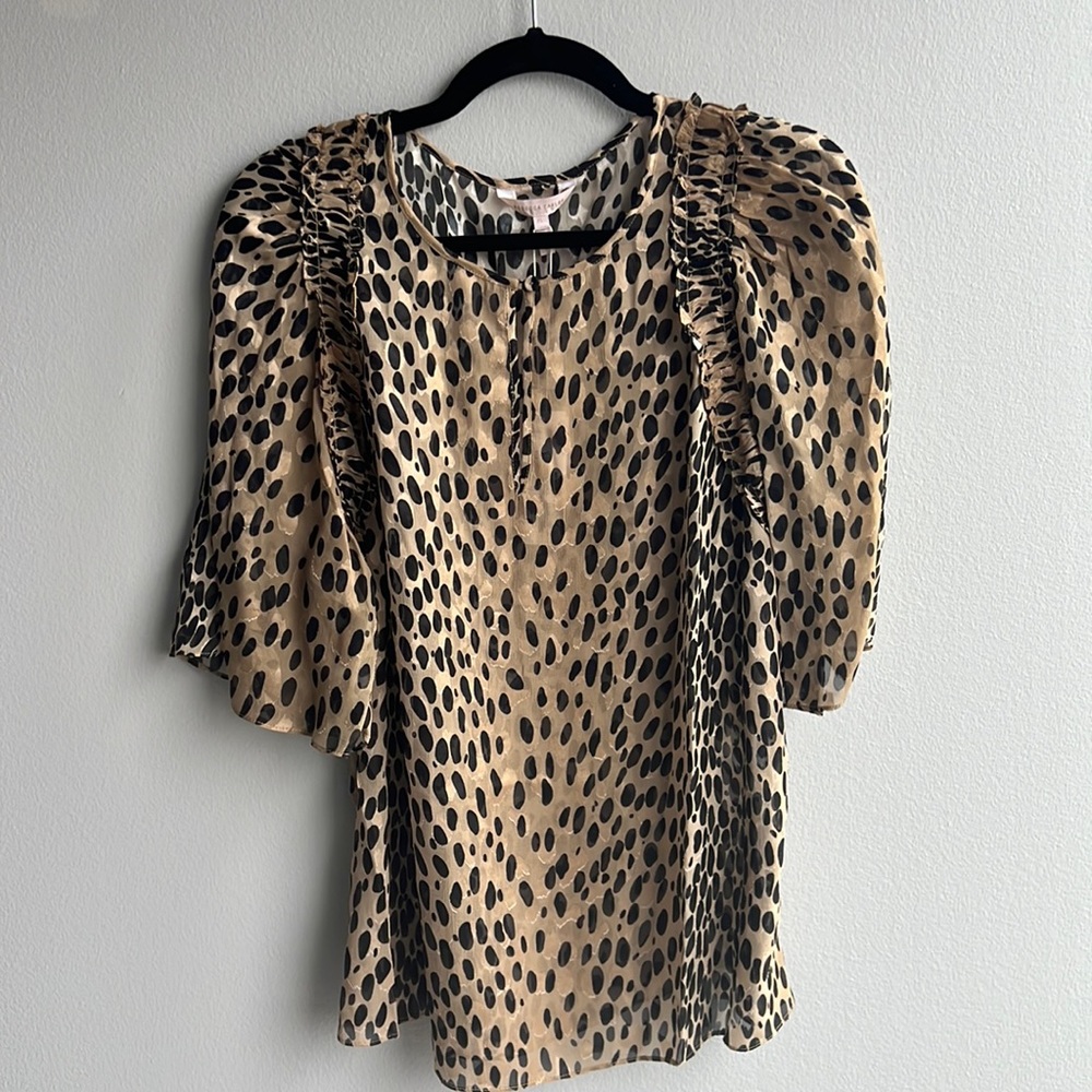 NWT Rebecca Taylor Sheer Animal Print Short Sleeve Blouse, Size XL